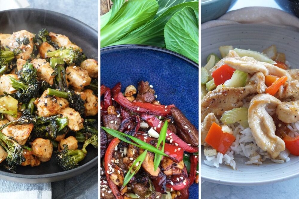Chicken and broccoli, cashew pork stir fry, and black pepper chicken stir fry