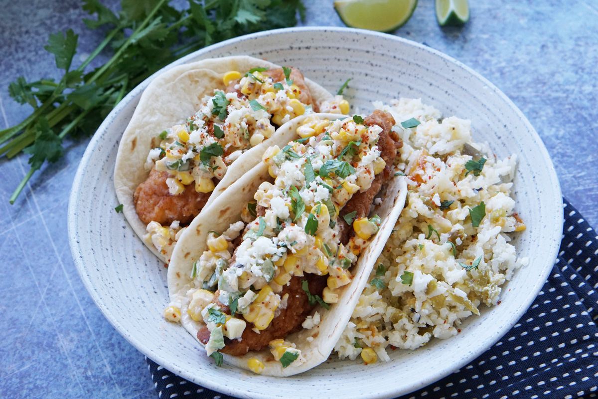 street corn fried chicken tacos