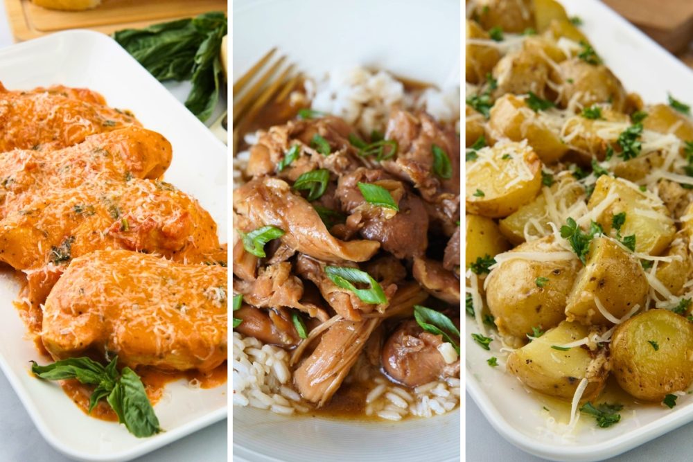 tomato basil chicken, bourbon chicken, and garlic parmesan potatoes