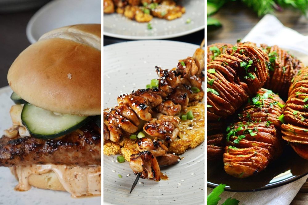 Korean chicken sandwich, grilled teriyaki chicken, and grilled hasselback potatoes