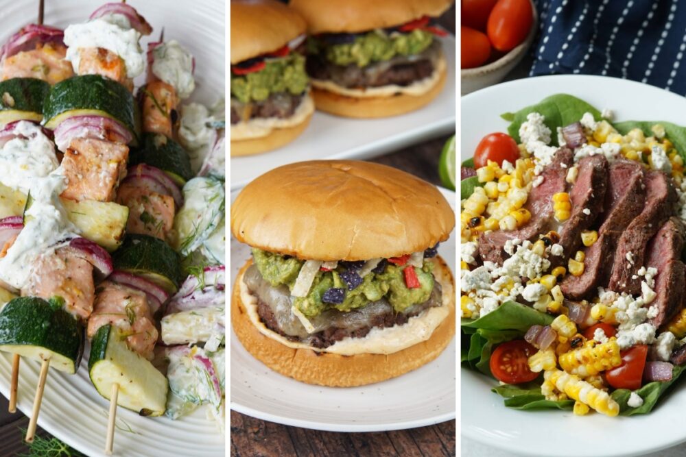 Mediterranean salmon skewers, guacamole burgers and steak and corn salad