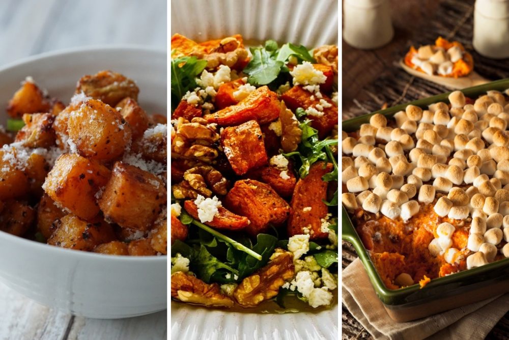 parm sweet potatoes, sweet potato kale salad, and sweet potato casserole