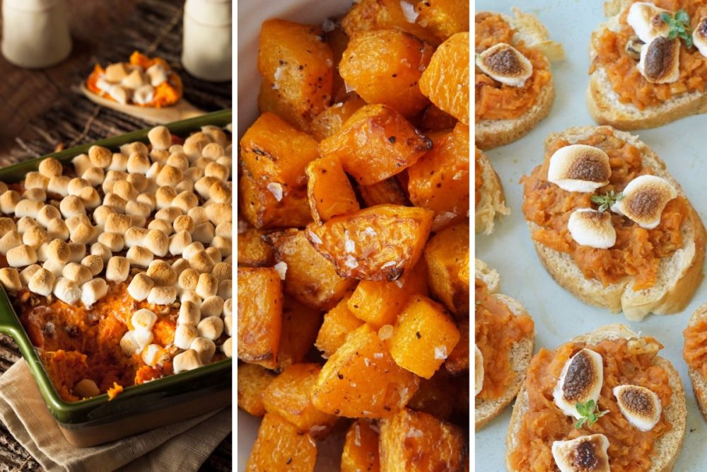 sweet potato casserole, roasted sweet potatoes, and sweet potato crostini