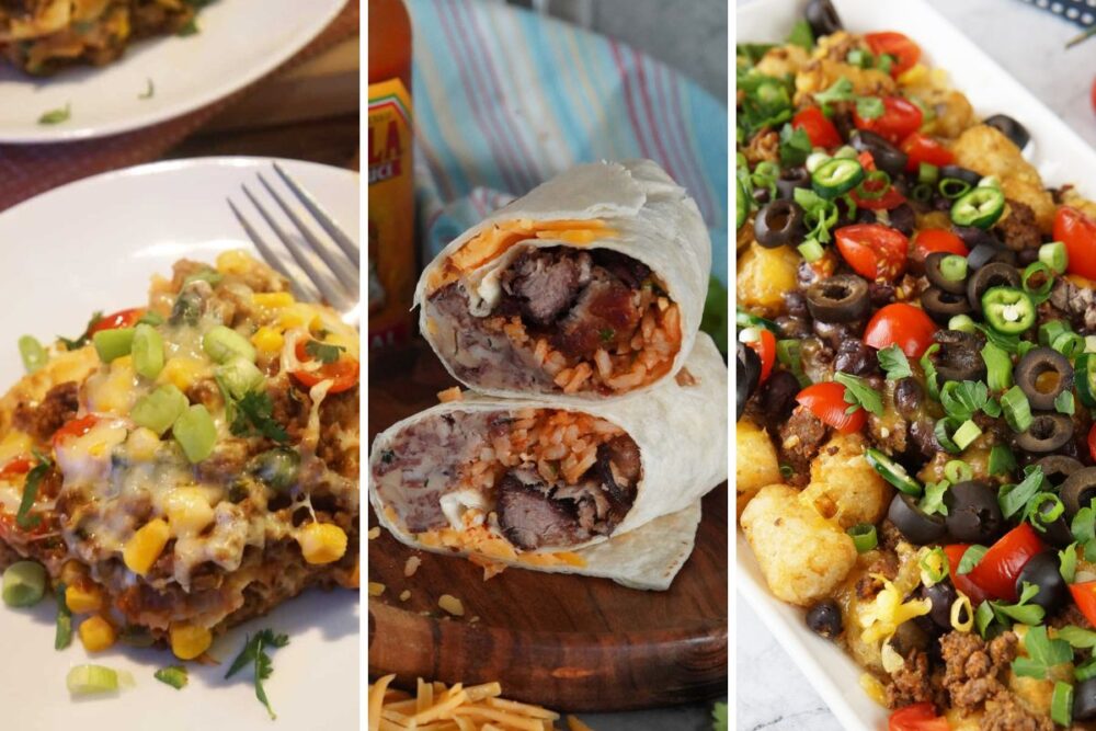 taco lasagna, carnitas burritos, and totchos