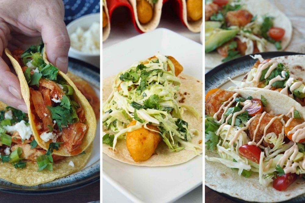 chicken tinga tacos, fish tacos, and shrimp tacos