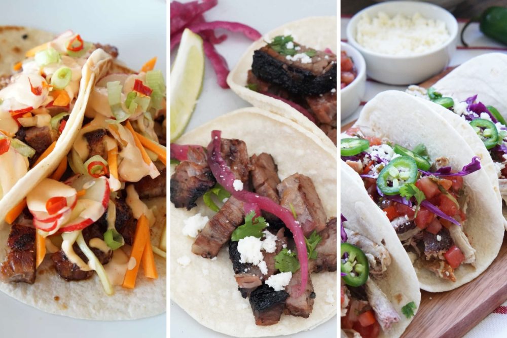 pork belly tacos, brisket tacos, and smoked tacos