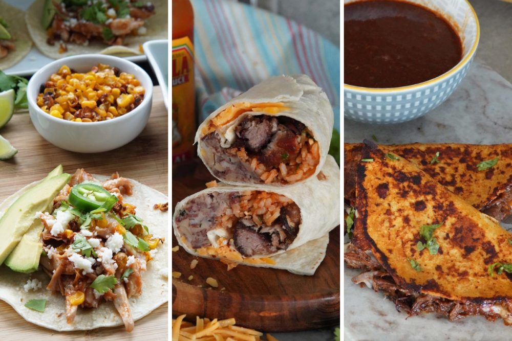 smoked chicken tacos, carnitas burritos, and birria tacos