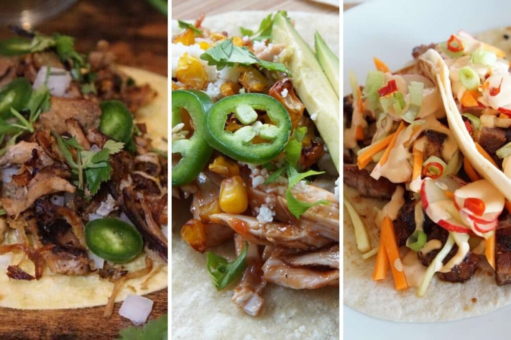 carnitas taco, smoked chicken tacos, and pork belly tacos