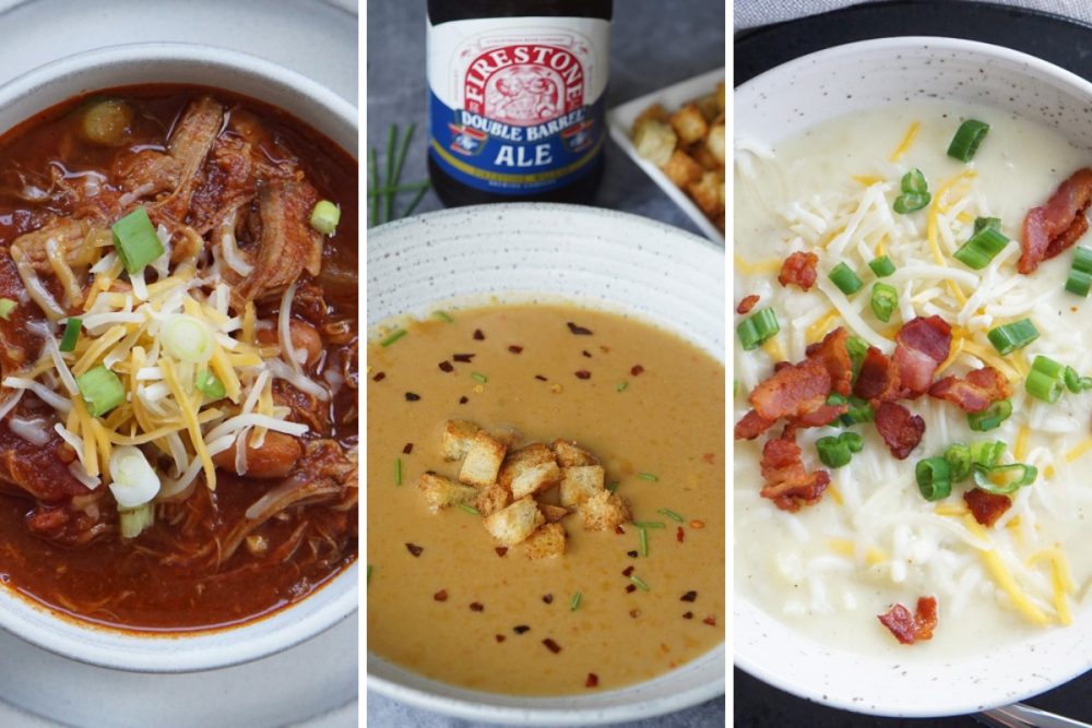pulled pork chili, beer cheese soup, and baked potato soup