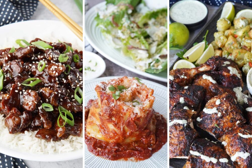 Mongolian beef, lasagna rolls, and Peruvian chicken