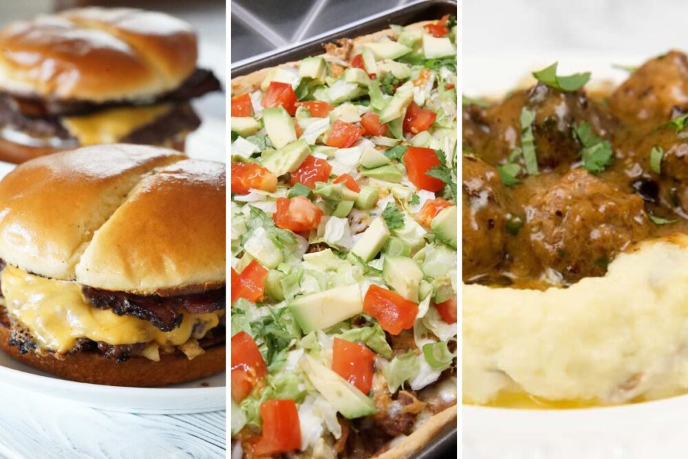 smash burgers, taco pizza and meatballs and mashed potatoes