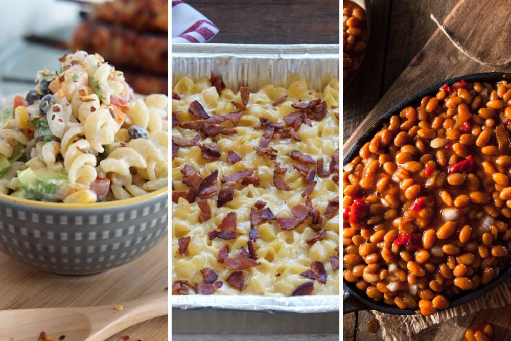 Corn and black bean pasta salad, smoked mac and cheese, smoked baked beans