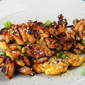 Teriyaki chicken skewers & baked cauliflower steaks