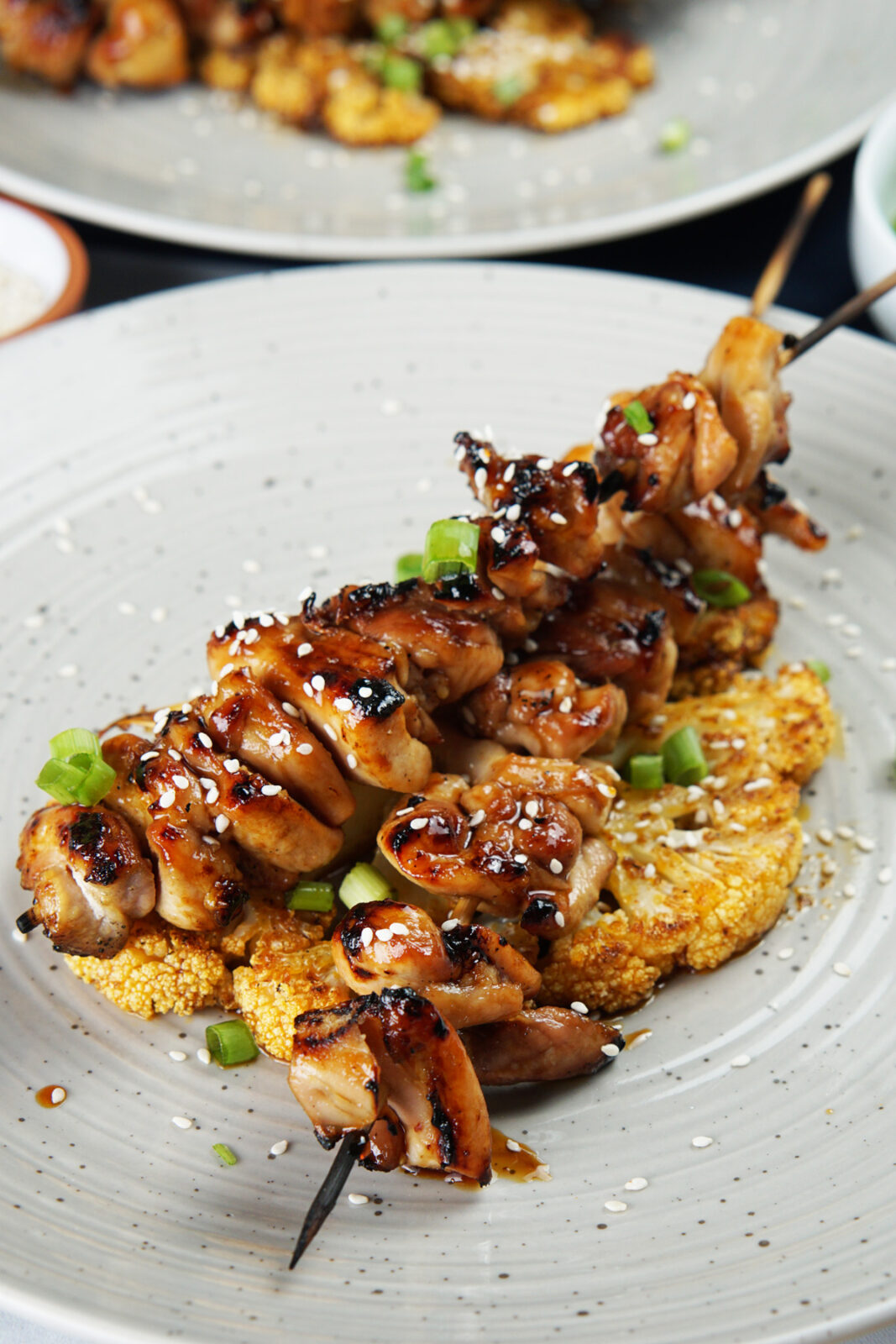 Teriyaki chicken skewers & baked cauliflower steaks