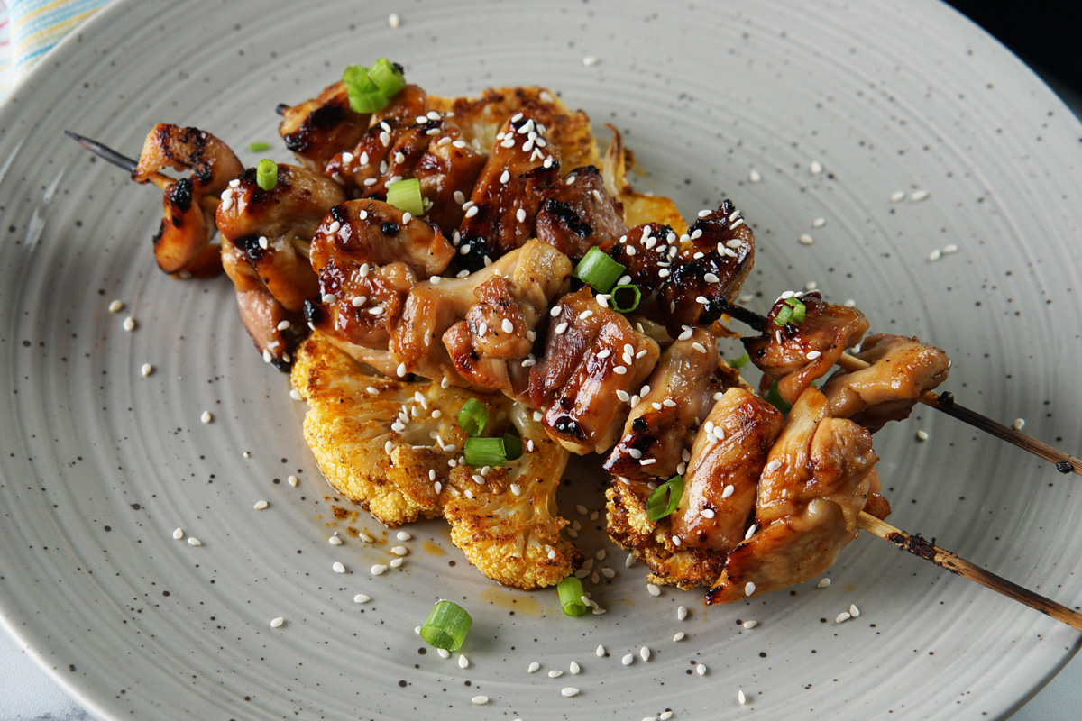 Teriyaki chicken skewers & baked cauliflower steaks