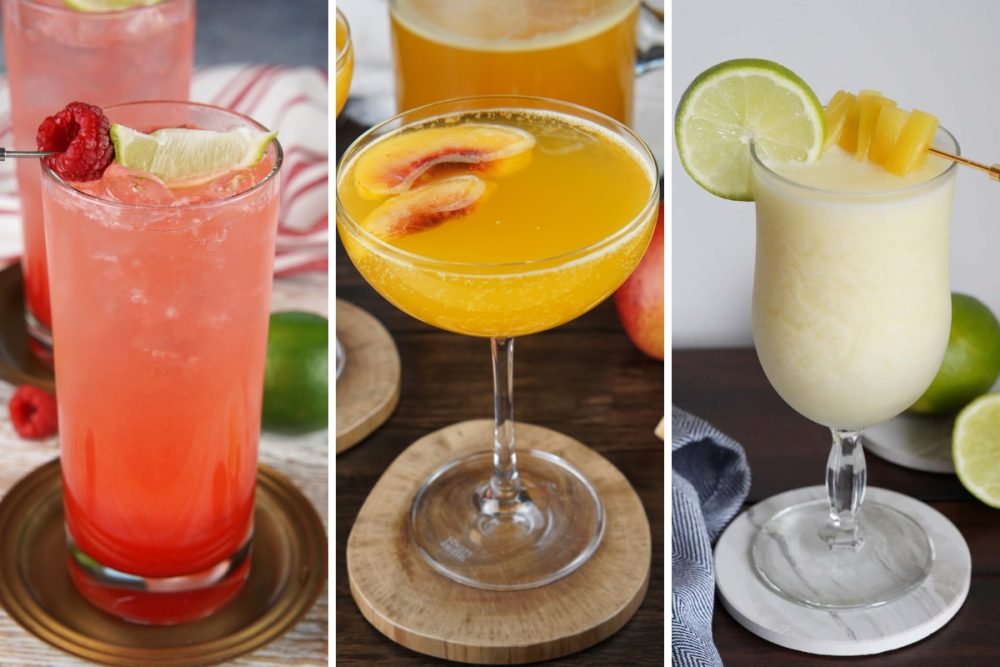 raspberry lime, peach bellini, and pina colada mocktails