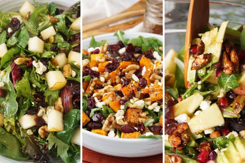 Pear and gorgonzola salad, butternut squash salad, and holiday salad