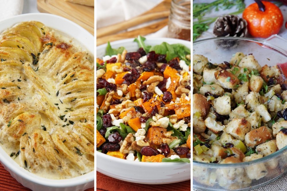 Scalloped potatoes, butternut squash salad, and stuffing