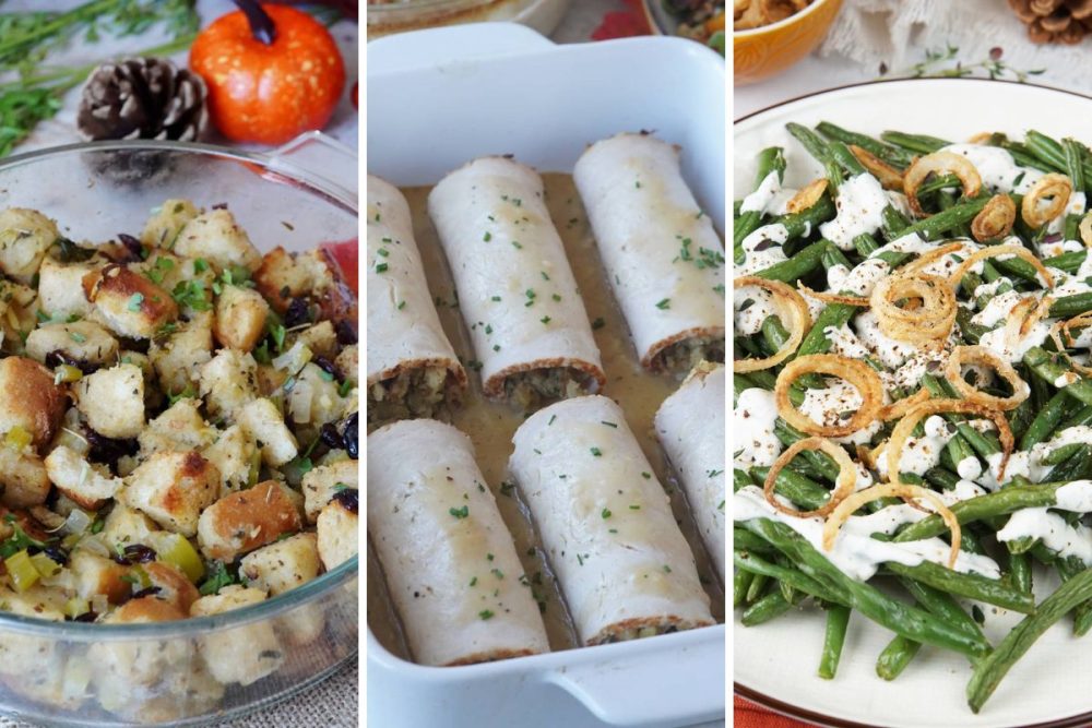 stuffing, turkey rolls, and green beans