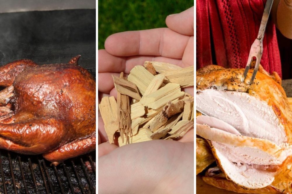 smoked turkey, wood for smoking and carving a turkey