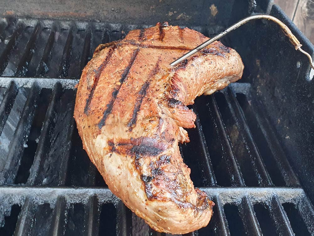 Tri tip steak on the BBQ with a thermometer in