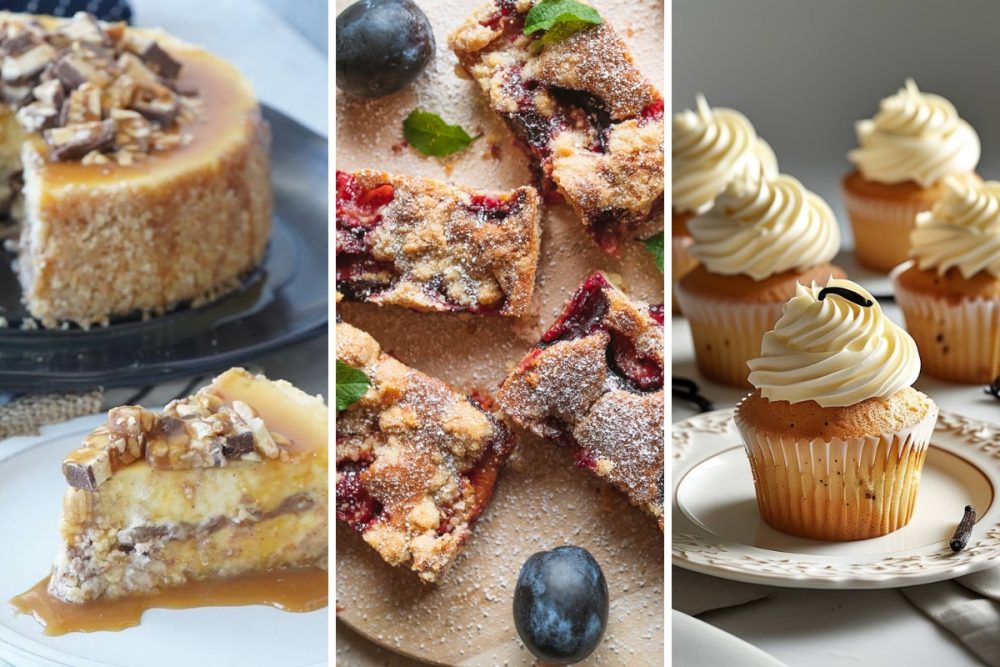snickers cheesecake, plum cake, vanilla bean cupcakes