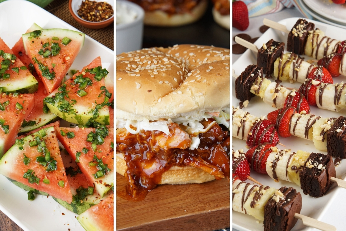 Spicy watermelon salad, firecracker chicken sandwiches, and banana split skewers