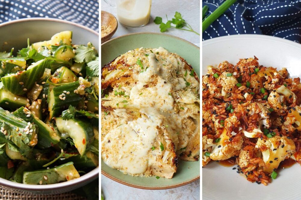 smashed cucumber salad, mustard sauce cabbage and honey soy cauliflower