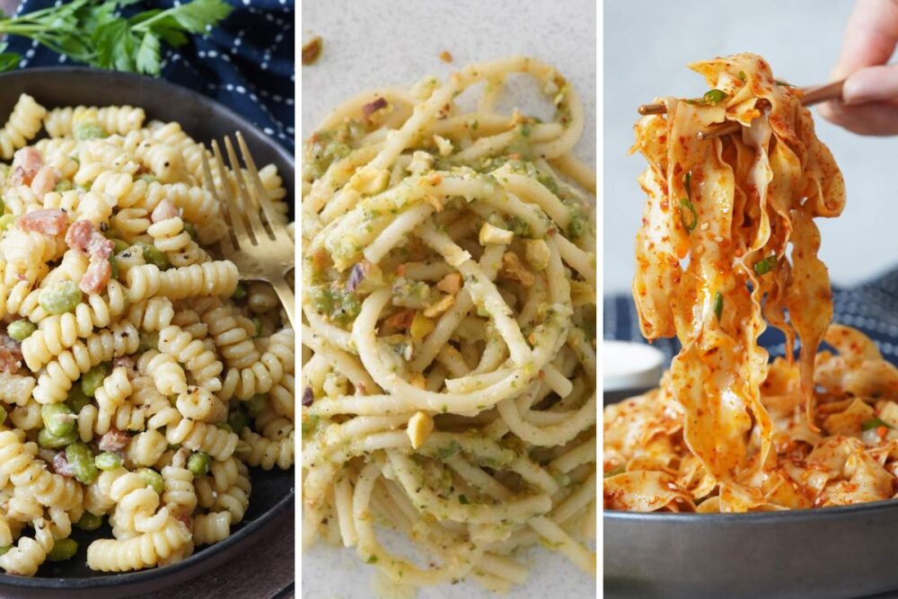 Pancetta pasta, pistachio pasta and chili oil noodles