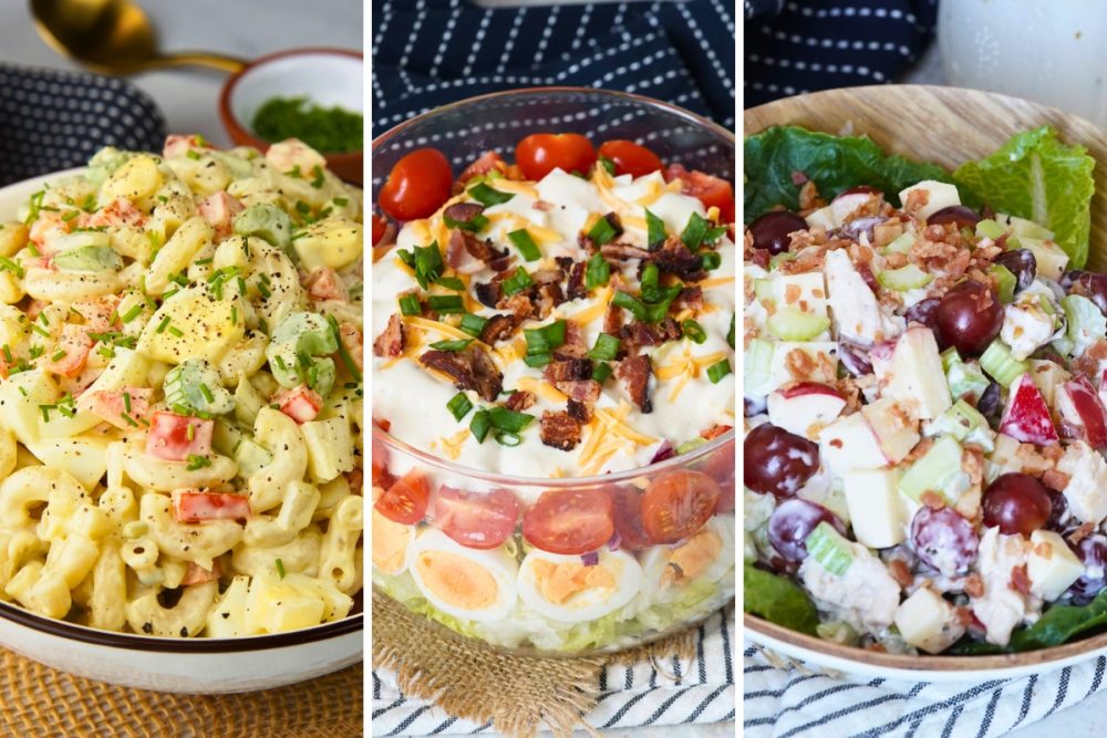 Amish pasta salad, 7 layer salad, and waldorf salad