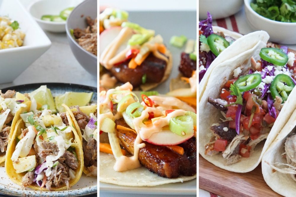 pulled pork tacos, pork belly tacos, and smoked pork tacos