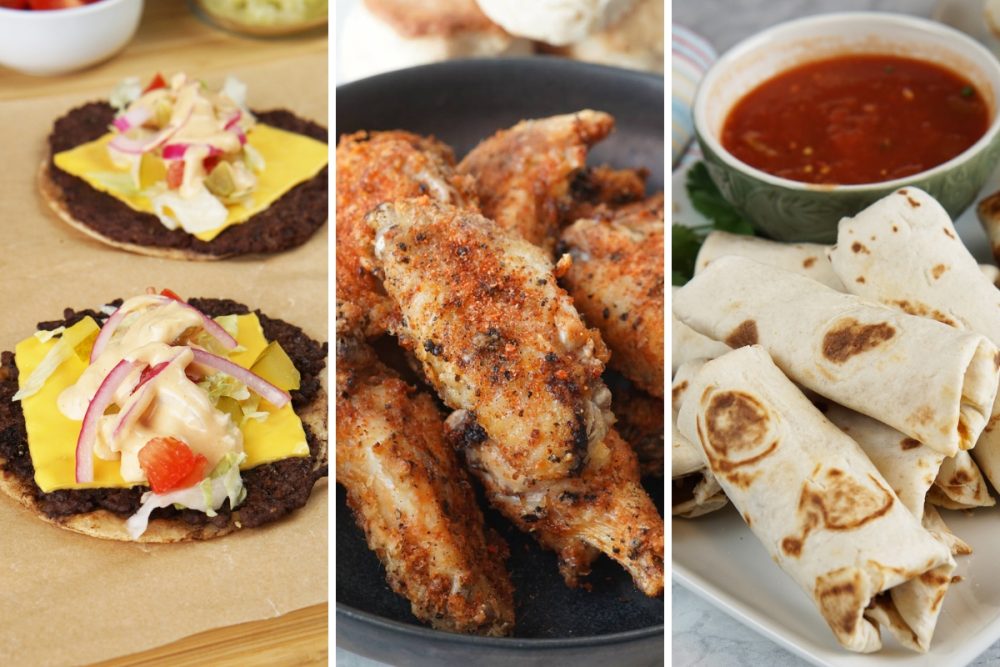 smash burger tacos, dry rub chicken wings, and mini burritos